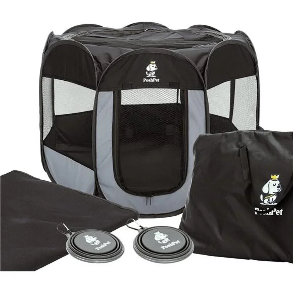 Dog Playpen - Portable Pet Playpen  - Incl. Blanket, 2 Bowls & Carrying Case